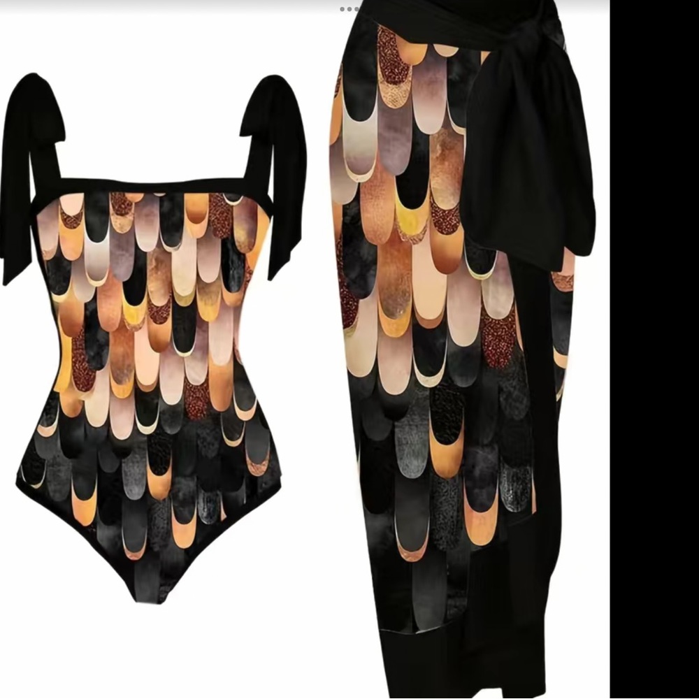 Black Print Bathing Suit with cover up, Sz 10